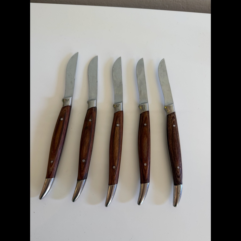 Set of 5 Samurai Stainless Steel Japan Wooden Handle Flatware Dinner Knives VTG